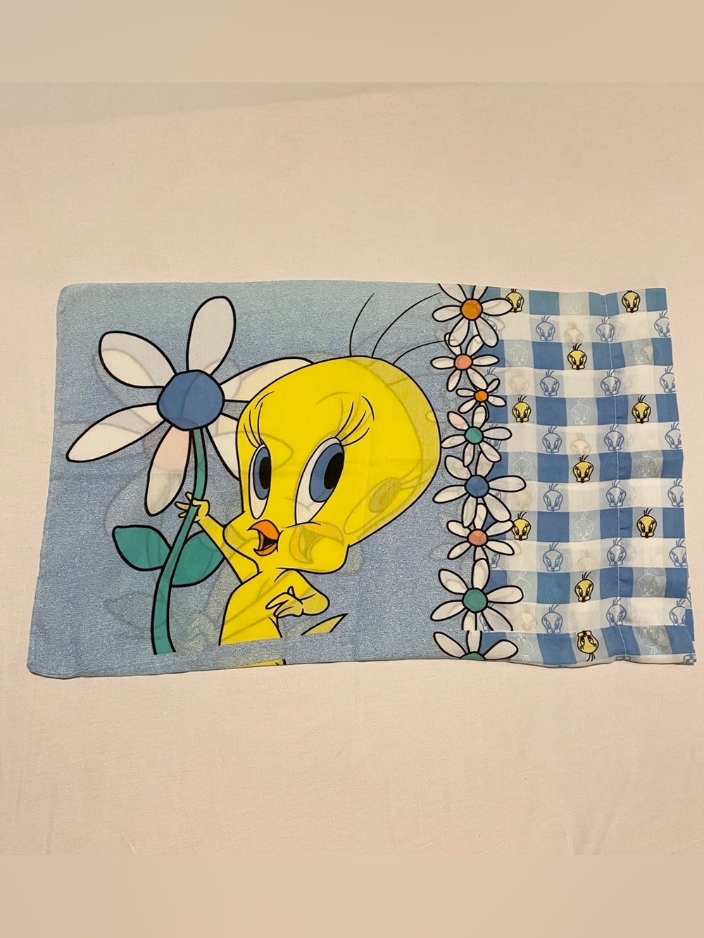 Vintage 90s Looney Tunes Tweety Bird Pillowcase Daisy Gingham Blue Bibb Co